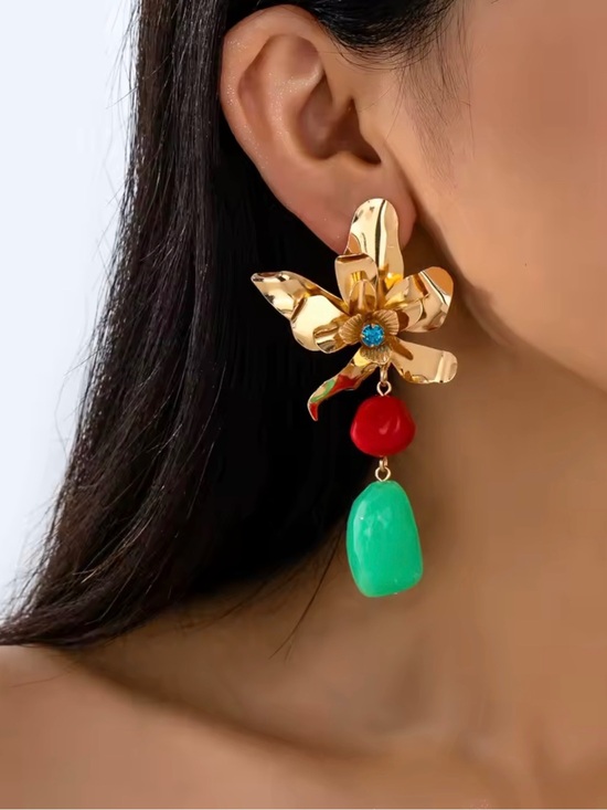 Jewelry - Zara Gold Tone Flower Drop Earrings with Red and Green Stones NWOT